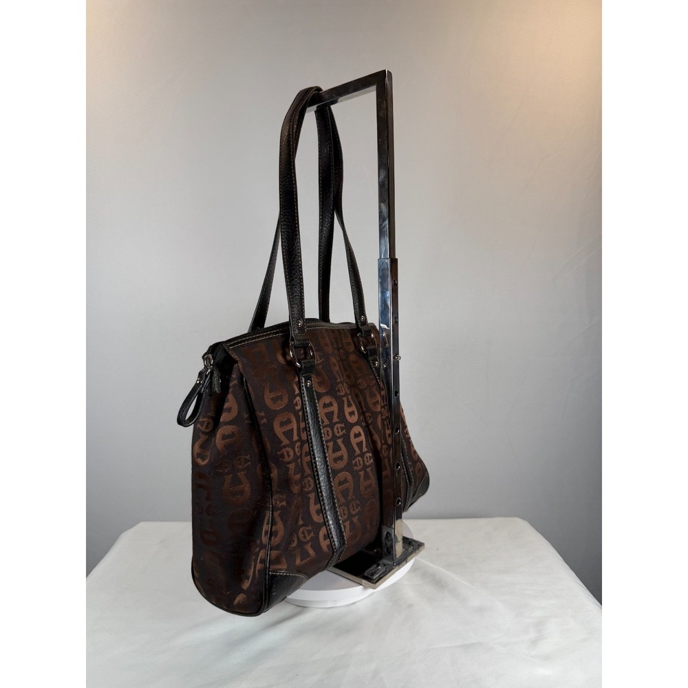 Etienne Aigner Brown Monogram Canvas Tote Leather Trim Shoulder Bag Medium - Picture 5 of 9